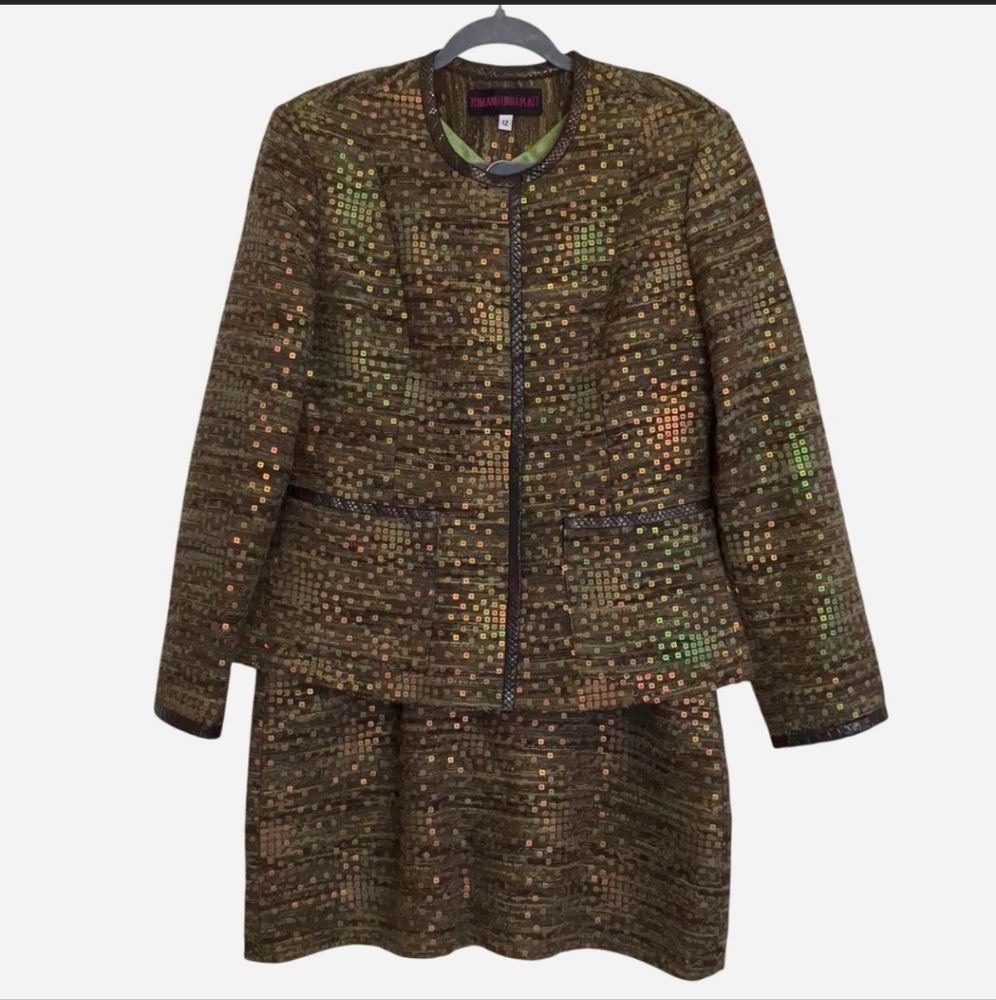 Tom and Linda Platt Womens 2 Piece Skirt Suit Set Green Tweed Sequined Size 12